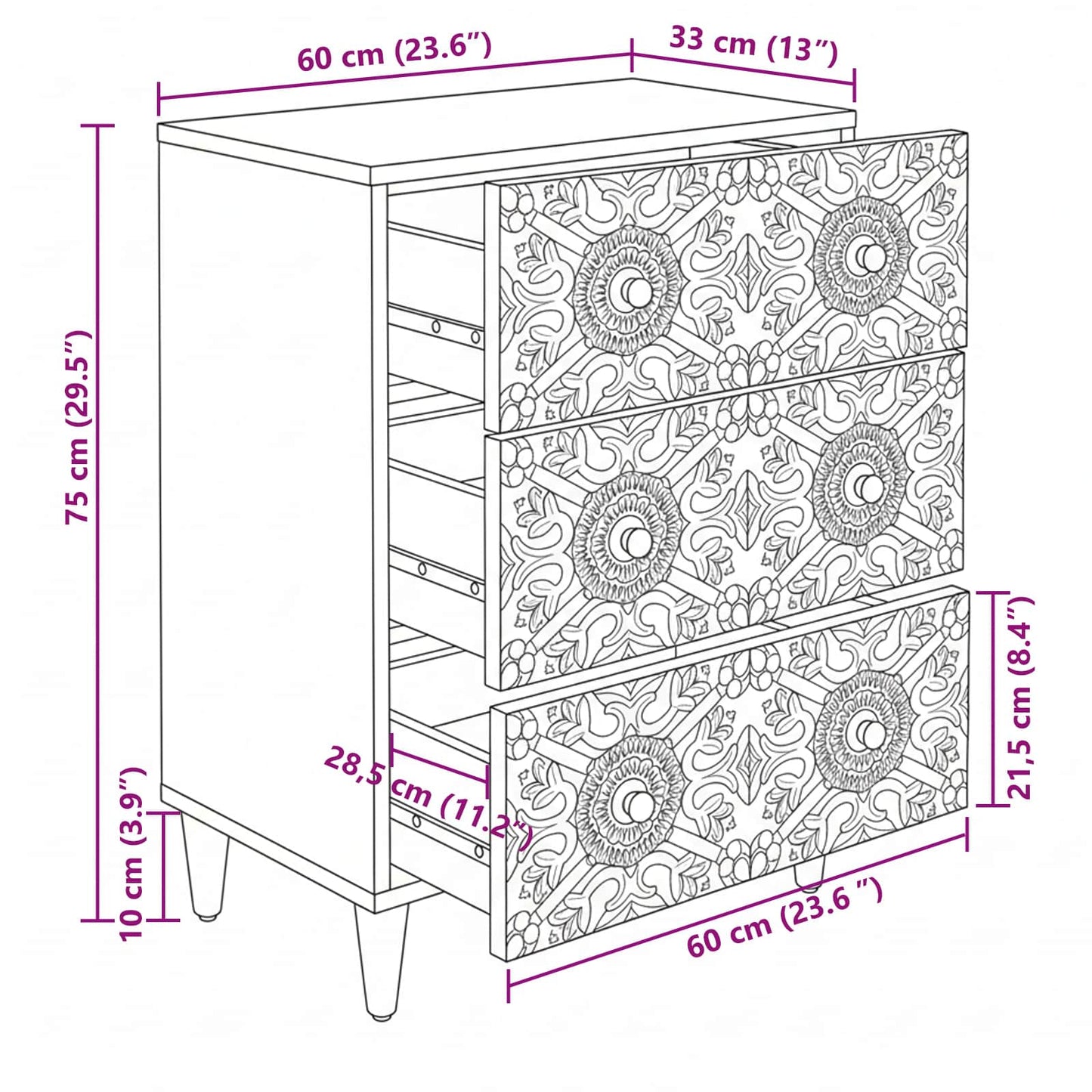 vidaXL Μπουφές Αποθήκευσης Λευκό 60 x 33,5 x 75 εκ. Στερεό ξύλο μάνγκο