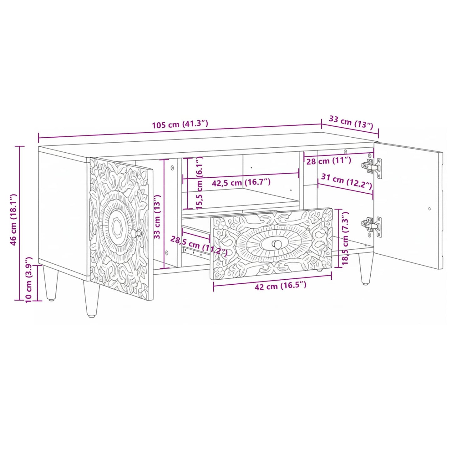 vidaXL Ντουλάπι TV Λευκό 105 x 33,5 x 46 εκ. Στερεό ξύλο μάνγκο