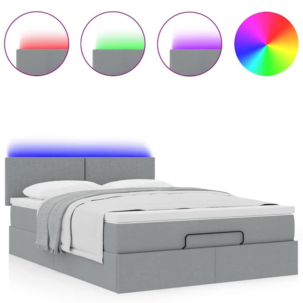 vidaXL Οθωμανικό κρεβάτι με στρώμα & LEDs Ανοιχτό γκρι ύφασμα