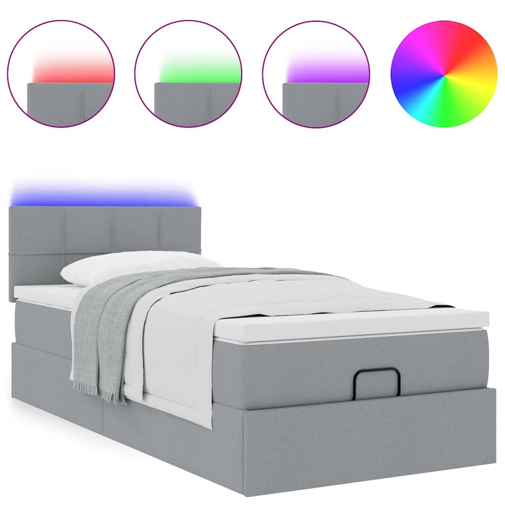 vidaXL Οθωμανικό κρεβάτι με στρώμα & LEDs Ανοιχτό γκρι Ύφασμα