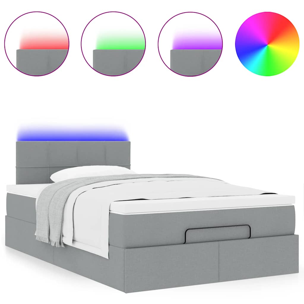 vidaXL Οθωμανικό κρεβάτι με στρώμα & LEDs Ανοιχτό γκρι Ύφασμα