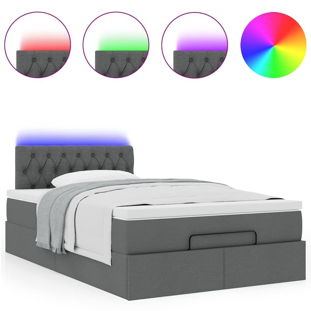 vidaXL Οθωμανικό κρεβάτι με στρώμα & LEDs Σκούρο γκρι 120x190cm Ύφασμα