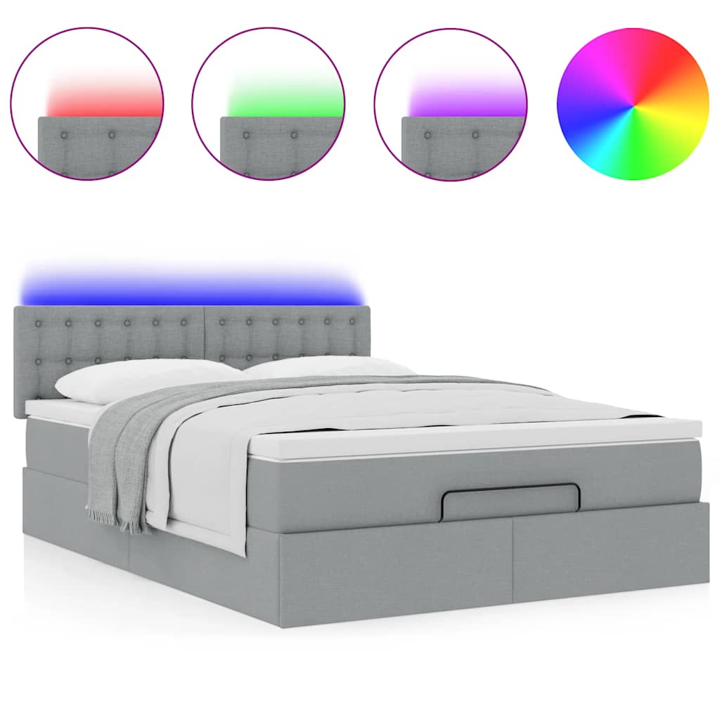 vidaXL Οθωμανικό κρεβάτι με στρώμα & LEDs Ανοιχτό γκρι ύφασμα