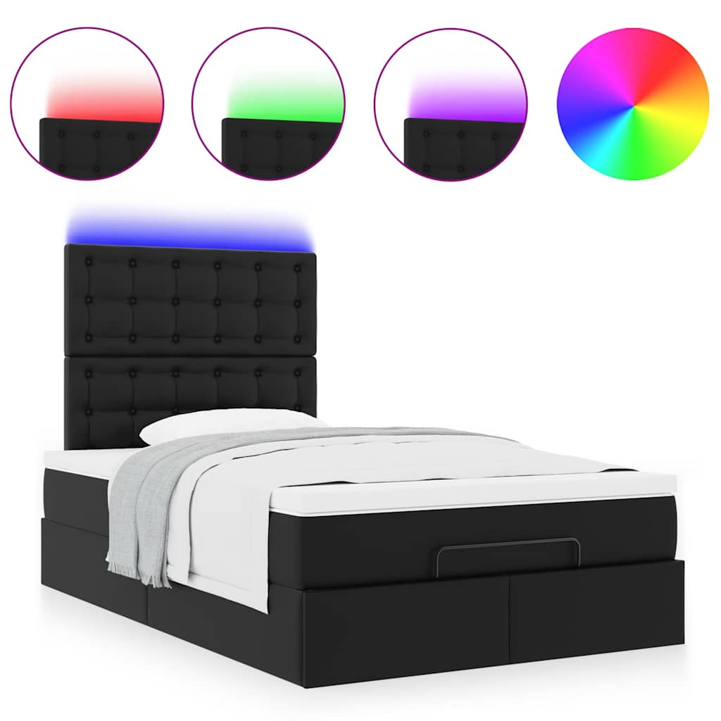 vidaXL Οθωμανικό κρεβάτι με στρώμα & LEDs Μαύρο 120x200cm Faux Leather