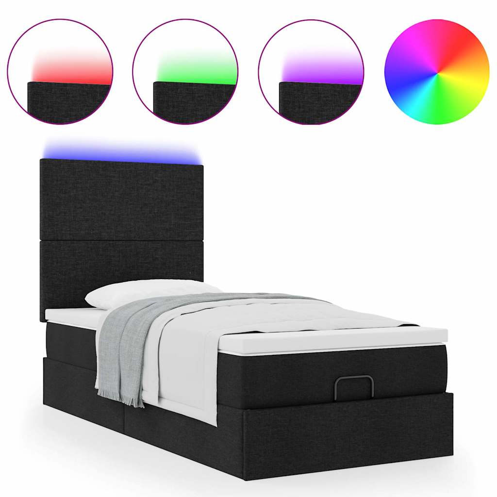vidaXL Οθωμανικό κρεβάτι με στρώμα & LEDs Μαύρο 90x200 cm Ύφασμα