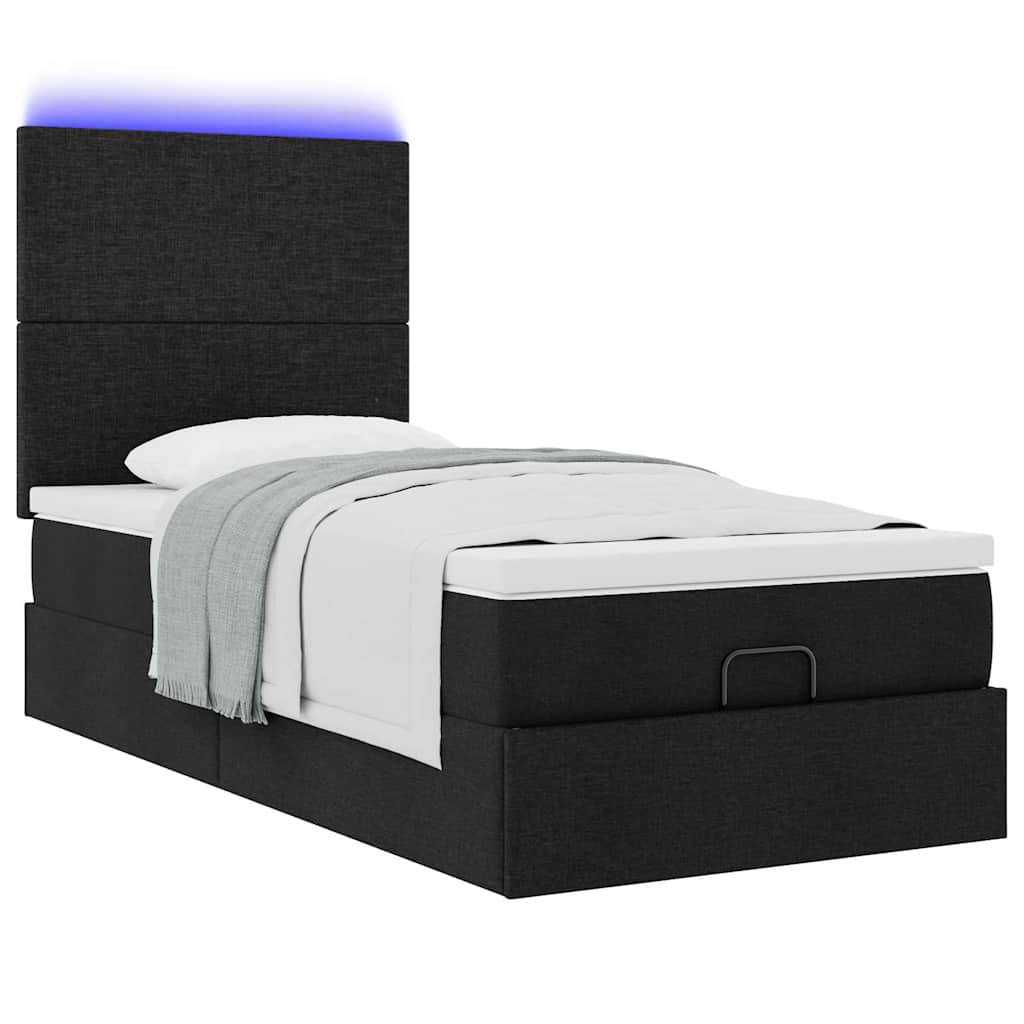vidaXL Οθωμανικό κρεβάτι με στρώμα & LEDs Μαύρο 90x200 cm Ύφασμα