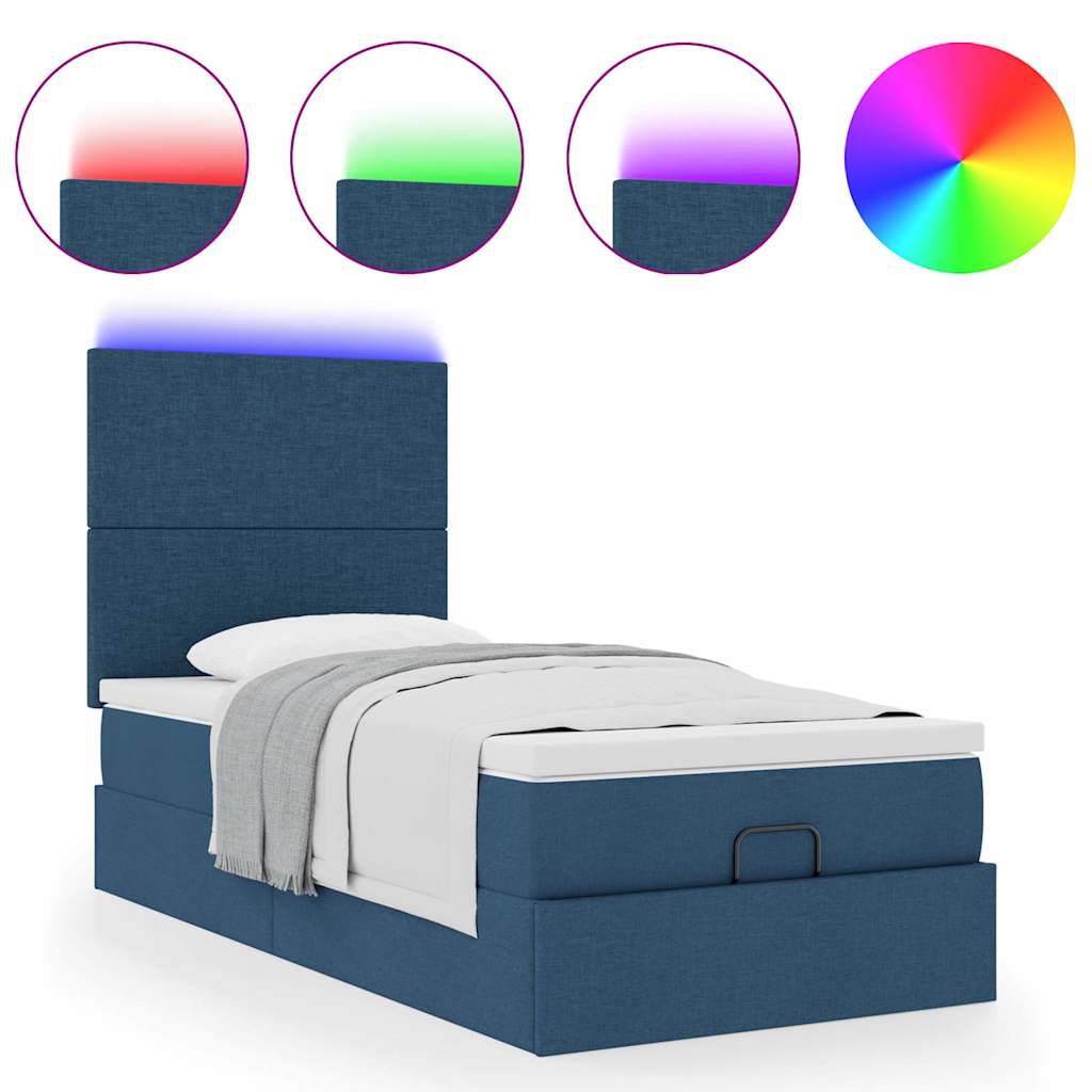 vidaXL Οθωμανικό κρεβάτι με στρώμα & LEDs Μπλε 100x200 cm Ύφασμα