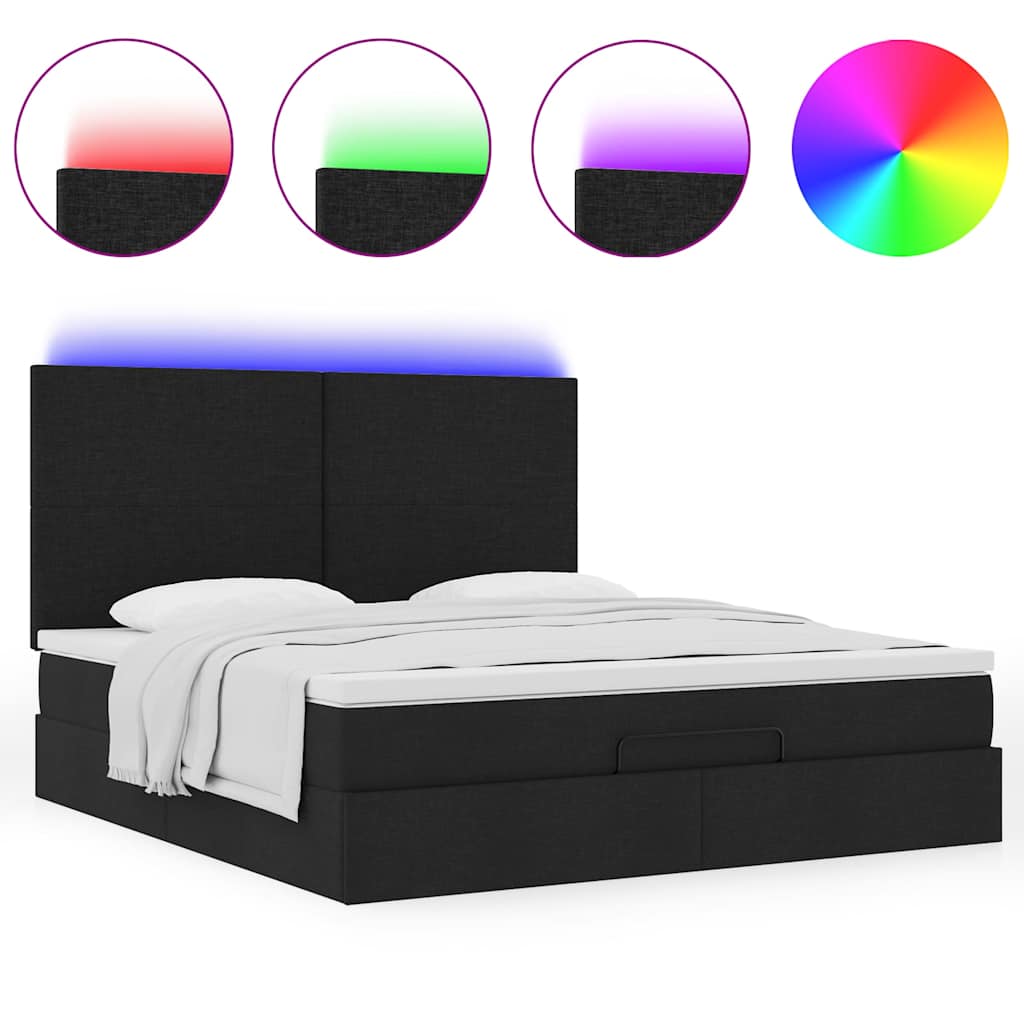 vidaXL Οθωμανικό κρεβάτι με στρώμα & LEDs Μαύρο ύφασμα 180x200cm