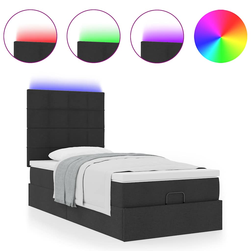 vidaXL Οθωμανικό κρεβάτι με στρώμα & LEDs Μαύρο 80x200cm ύφασμα