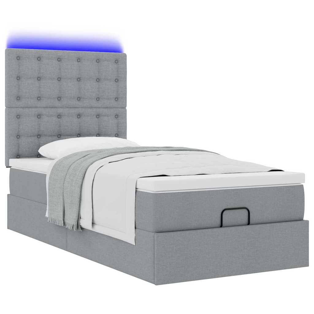 vidaXL Οθωμανικό κρεβάτι με στρώμα & LEDs Ανοιχτό γκρι 90x190cm ύφασμα