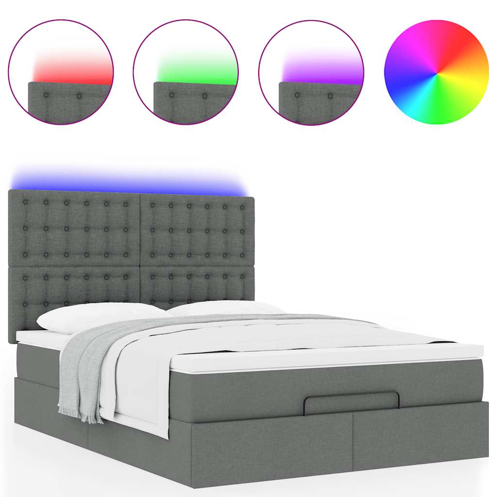 vidaXL Οθωμανικό κρεβάτι με στρώμα & LEDs Σκούρο γκρι 140x190cm Ύφασμα