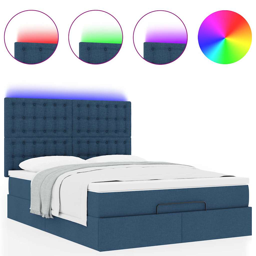 vidaXL Οθωμανικό κρεβάτι με στρώμα & LEDs Μπλε 140x200cm ύφασμα