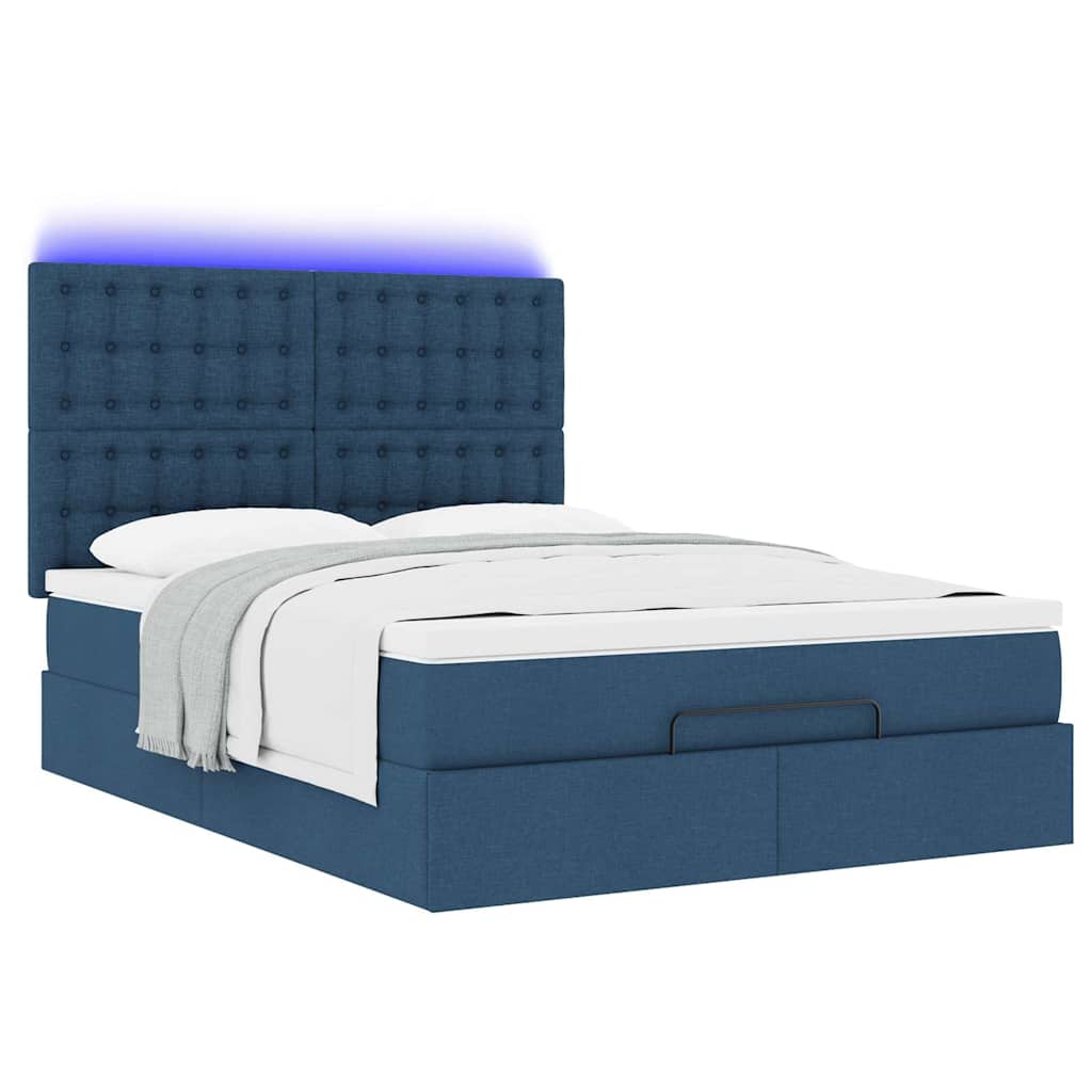 vidaXL Οθωμανικό κρεβάτι με στρώμα & LEDs Μπλε 140x200cm ύφασμα