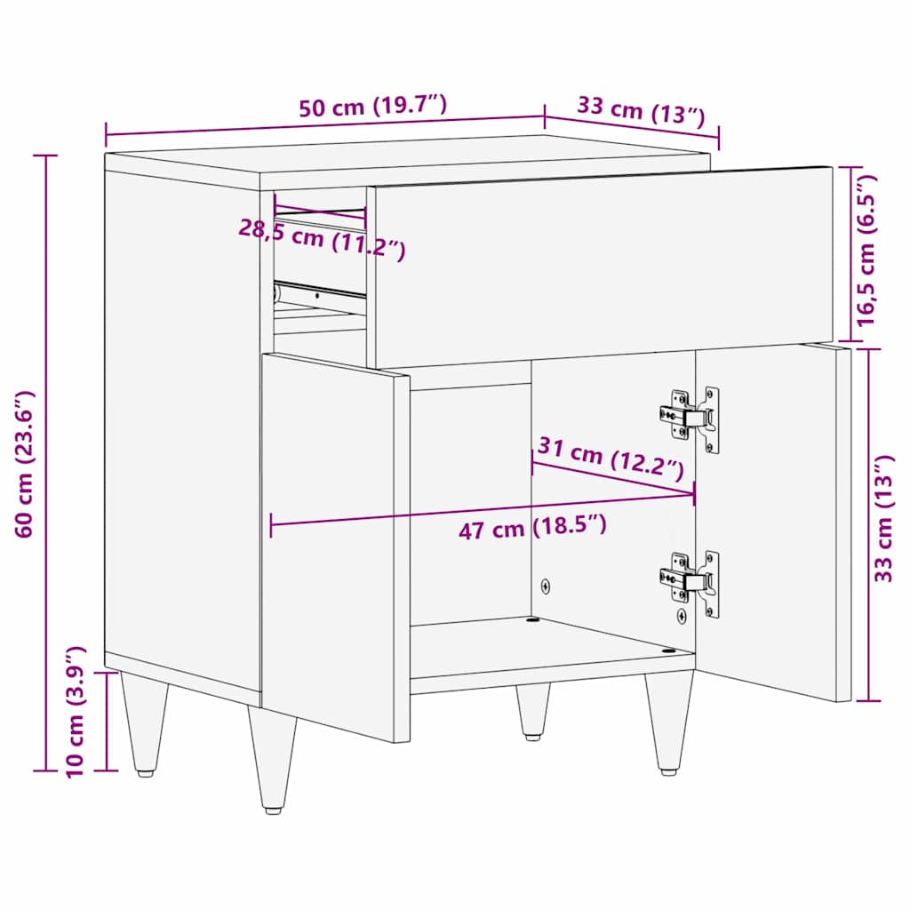 vidaXL Κομοδίνο με συρτάρι καφέ μελί 50 x 33 x 60 εκ Μασίφ ξύλο μάνγκο