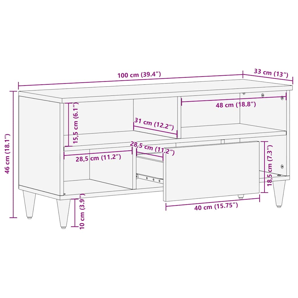 vidaXL Ντουλάπι TV με ράφι Μαύρο 100 x 33 x 46 εκ Στερεό ξύλο μάνγκο