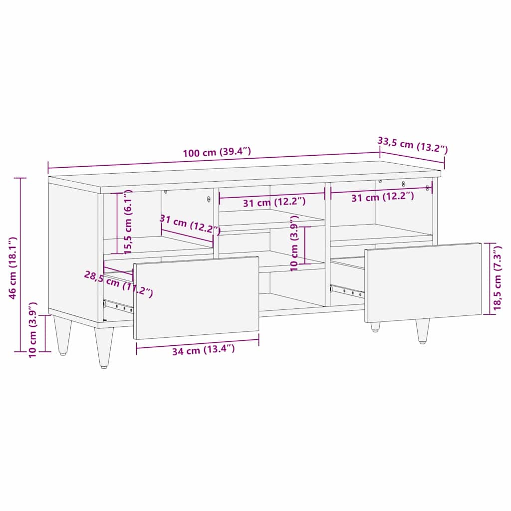 vidaXL Ντουλάπι TV με ράφι Καφέ 100 x 33,5 x 46 εκ Στερεό ξύλο μάνγκο