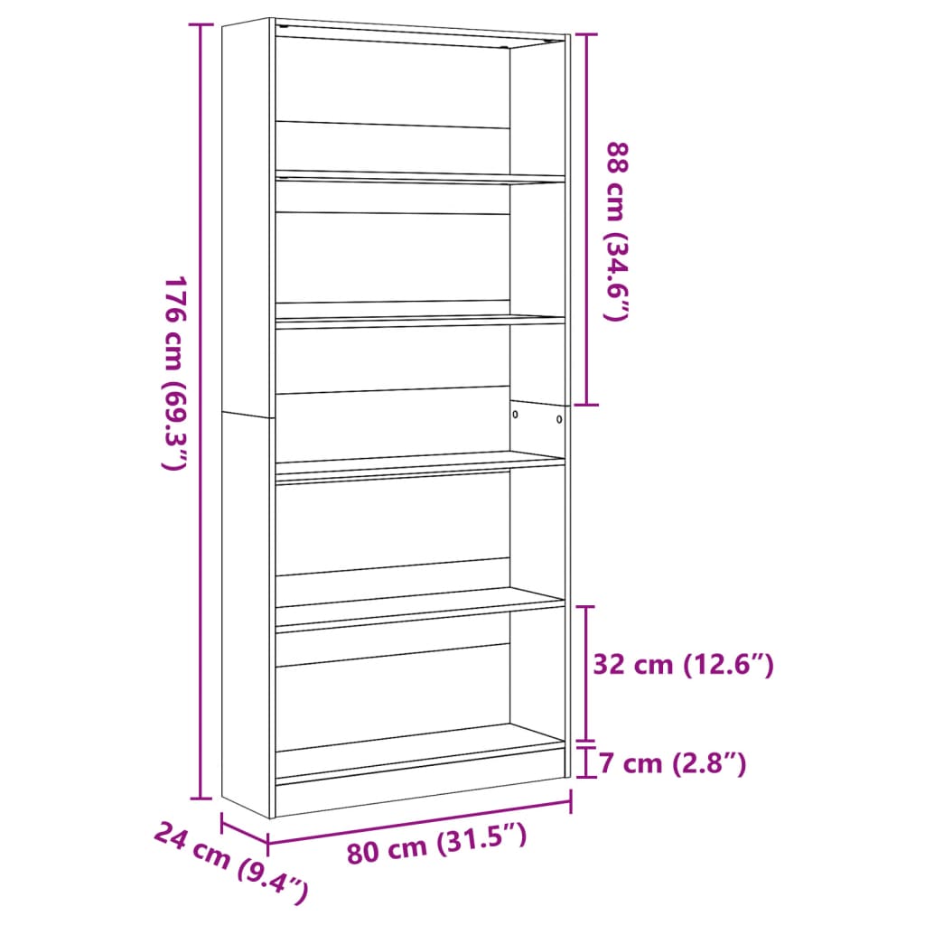 vidaXL Βιβλιοθήκη Αρτισιανή Δρυς 80x24x176 εκ. από Επεξεργασμένο Ξύλο