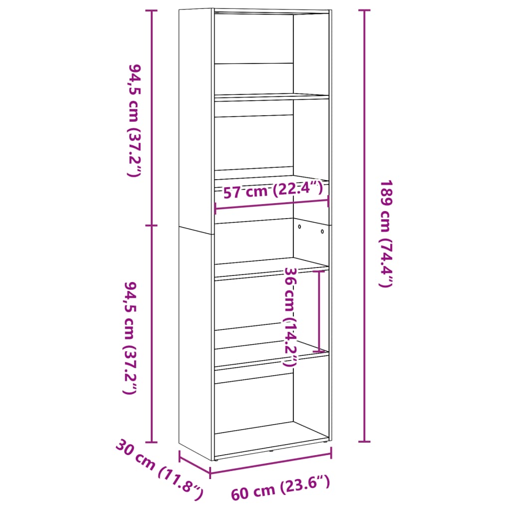vidaXL Βιβλιοθήκη Γκρι Σκυροδέματος 60x30x189 εκ. Επεξεργ. Ξύλο