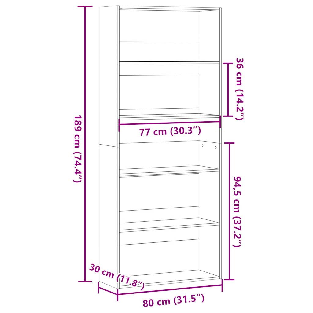 ντουλάπι βιβλίων vidaXL Γκρι Sonoma 80x30x189 cm Κατασκευασμένο ξύλο