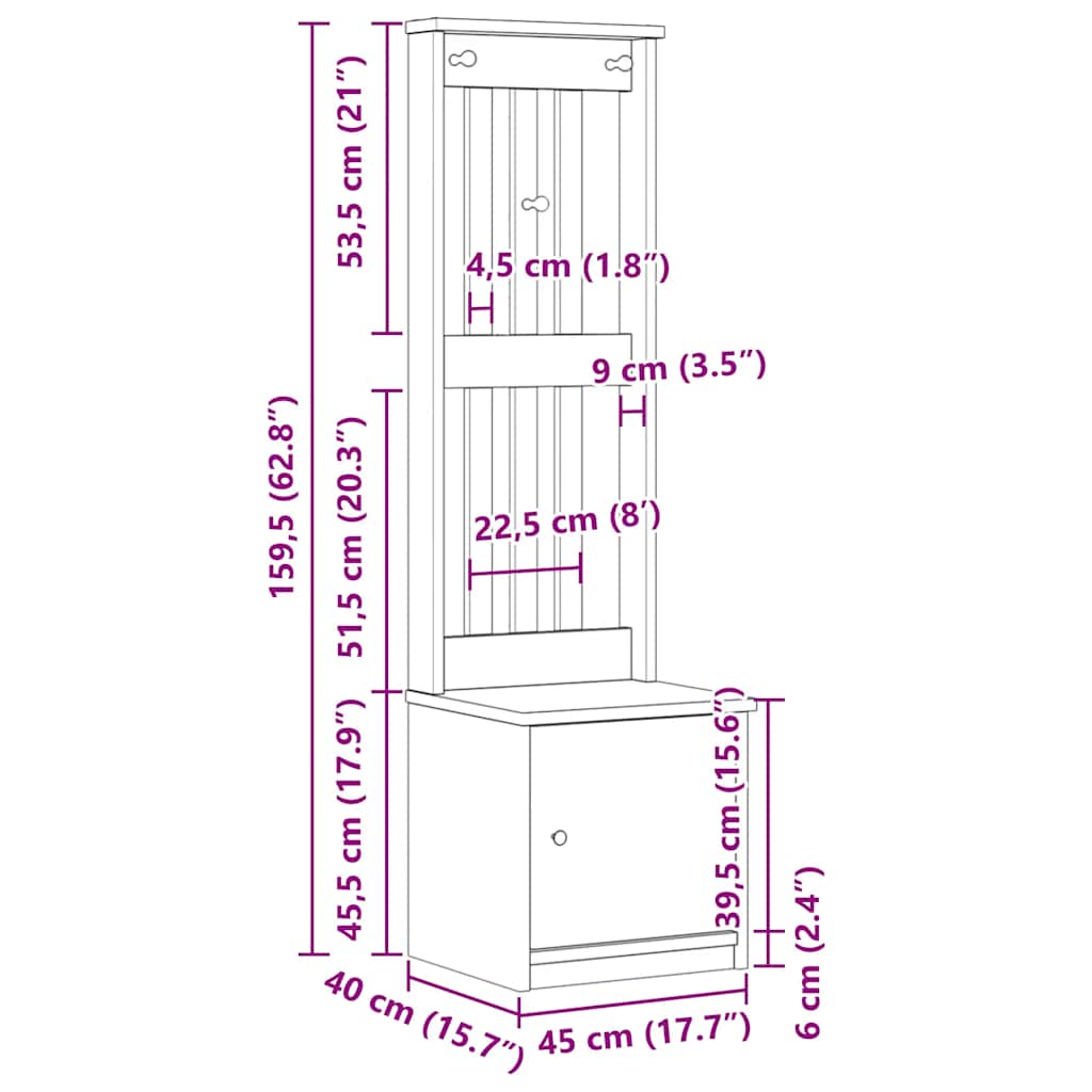 vidaXL Δέντρο χωλ "SANDNES" 45x40x159,5 εκ.Πεύκο μασίφ ξύλο