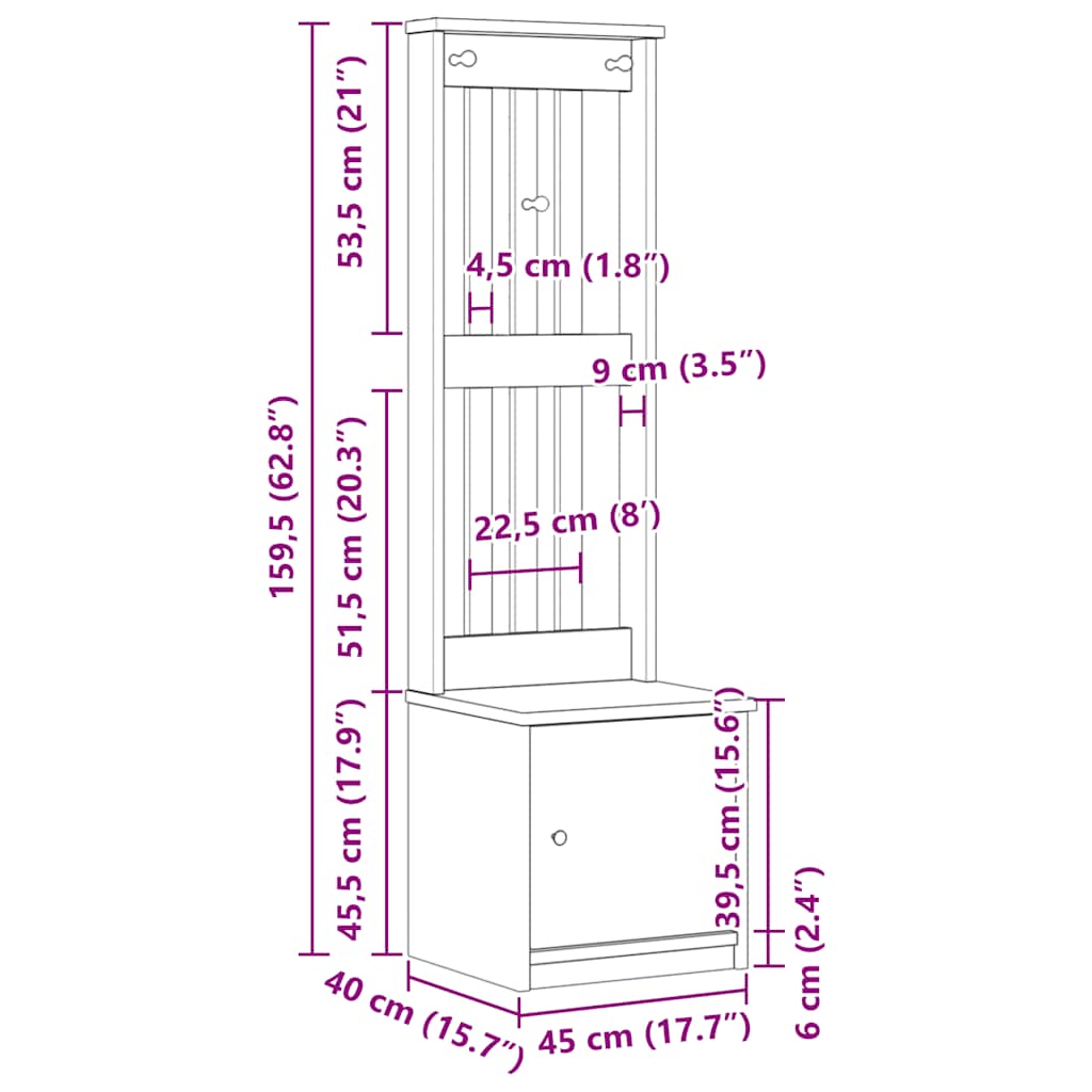 vidaXL Δέντρο χωλ "SANDNES" 45x40x159,5 εκ.Πεύκο μασίφ ξύλο