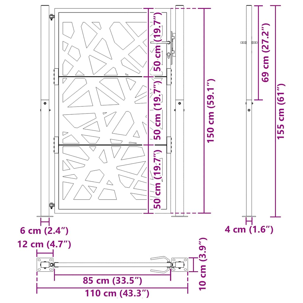vidaXL Πόρτα Κήπου Μαύρη με Φωτιστικό Ατσάλι 100x150 εκ.