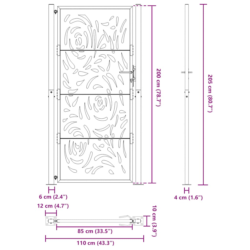 vidaXL Πόρτα Κήπου Μαύρη 100x200 εκ. με Σχέδιο Φλόγας από Ατσάλι