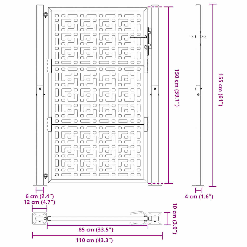 vidaXL Πόρτα Κήπου Μαύρη 100x150 εκ. με Σταυρό από Ατσάλι