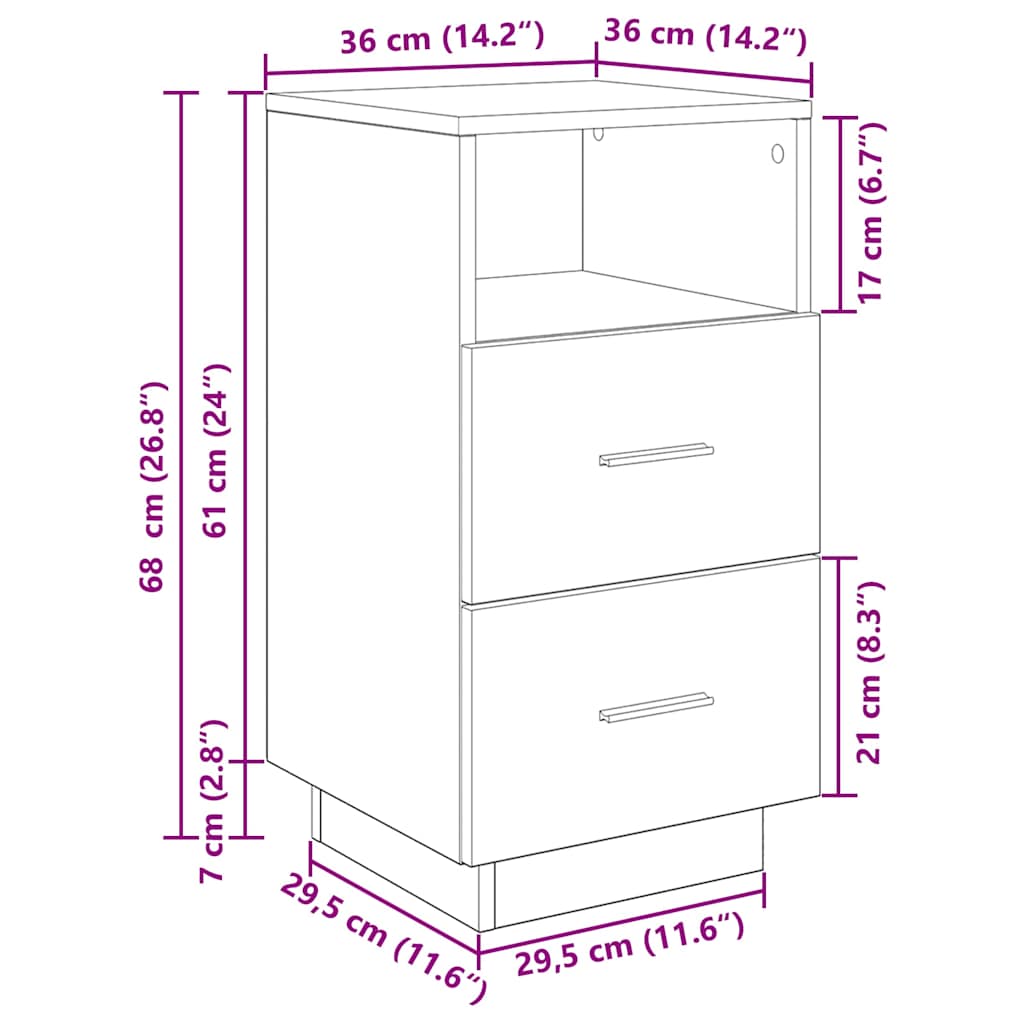 vidaXL Κομοδίνο με 2 συρτάρια mαύρο 36x36x68 cm