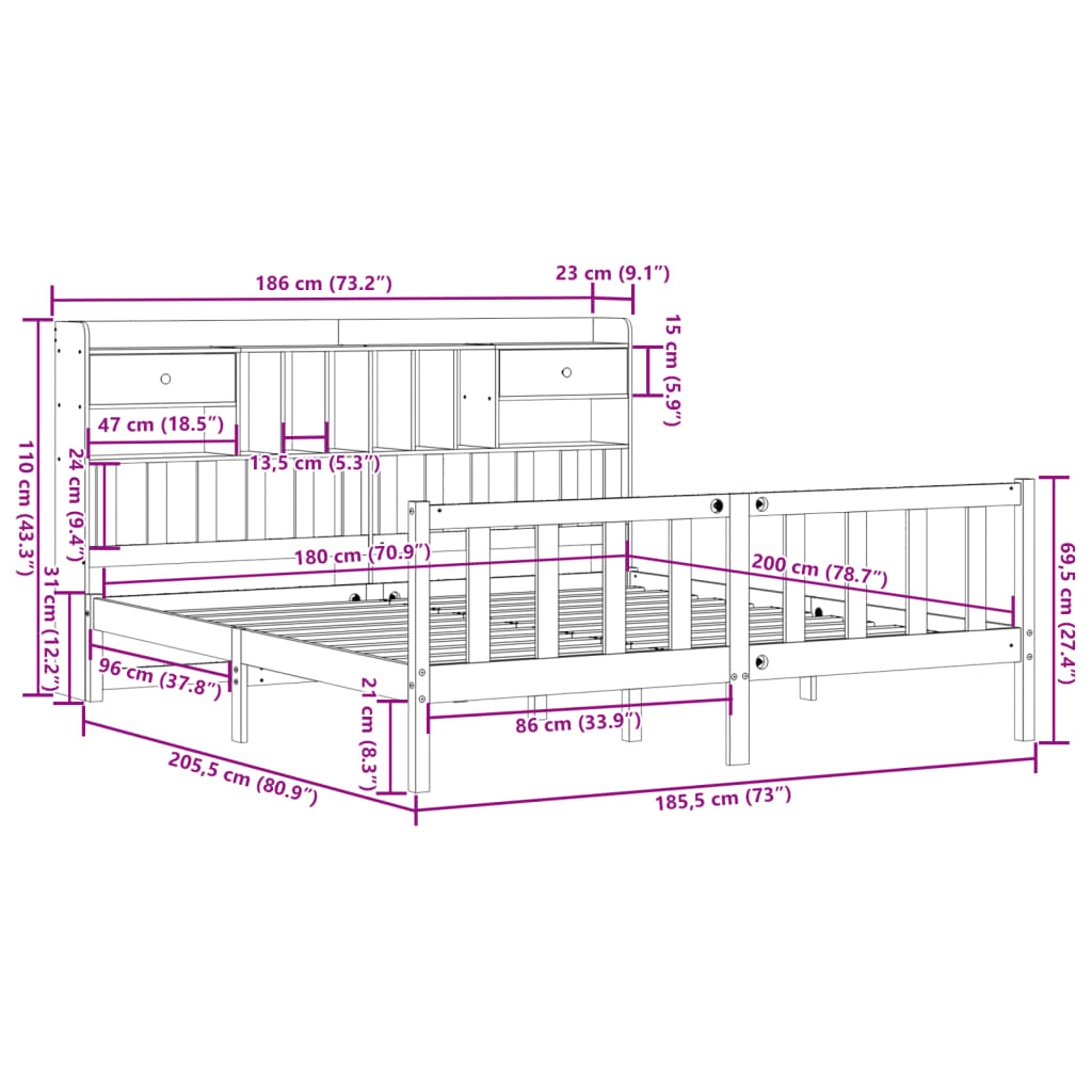 vidaXL Κρεβάτι Βιβλιοθήκη Χωρίς Στρώμα 180x200 εκ Μασίφ Ξύλο Πεύκου