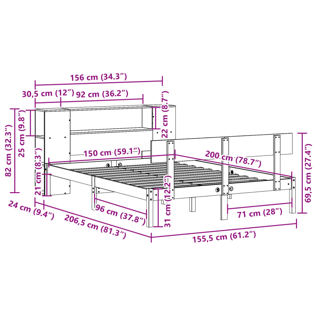 vidaXL Κρεβάτι Βιβλιοθήκη Χωρίς Στρώμα 150x200 εκ Μασίφ Ξύλο Πεύκου