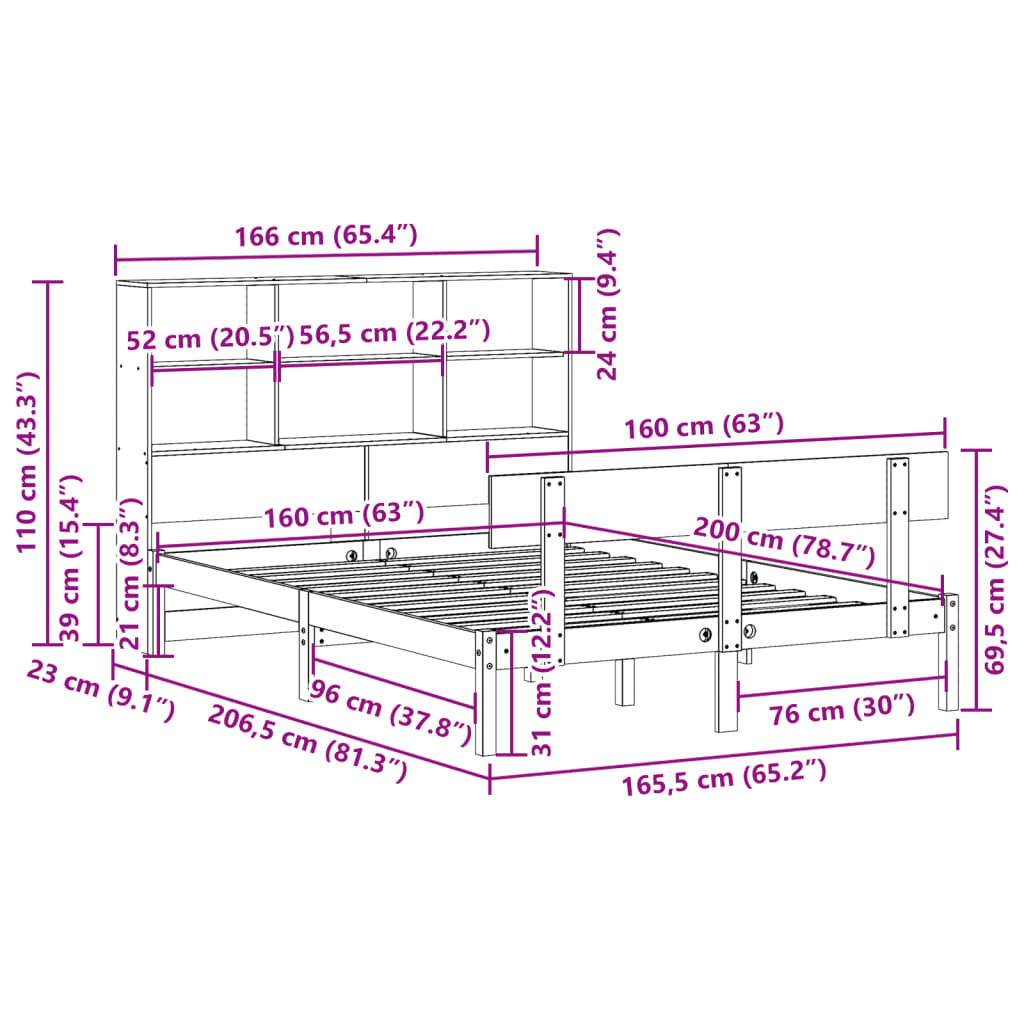 vidaXL Κρεβάτι Βιβλιοθήκη Χωρίς Στρώμα 160x200 εκ Μασίφ Ξύλο Πεύκου