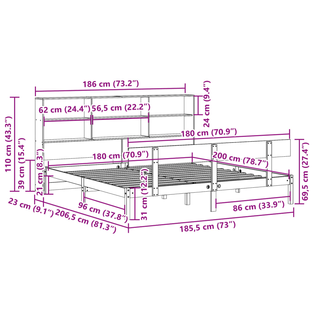 vidaXL Κρεβάτι Βιβλιοθήκη Χωρίς Στρώμα 180x200 εκ Μασίφ Ξύλο Πεύκου