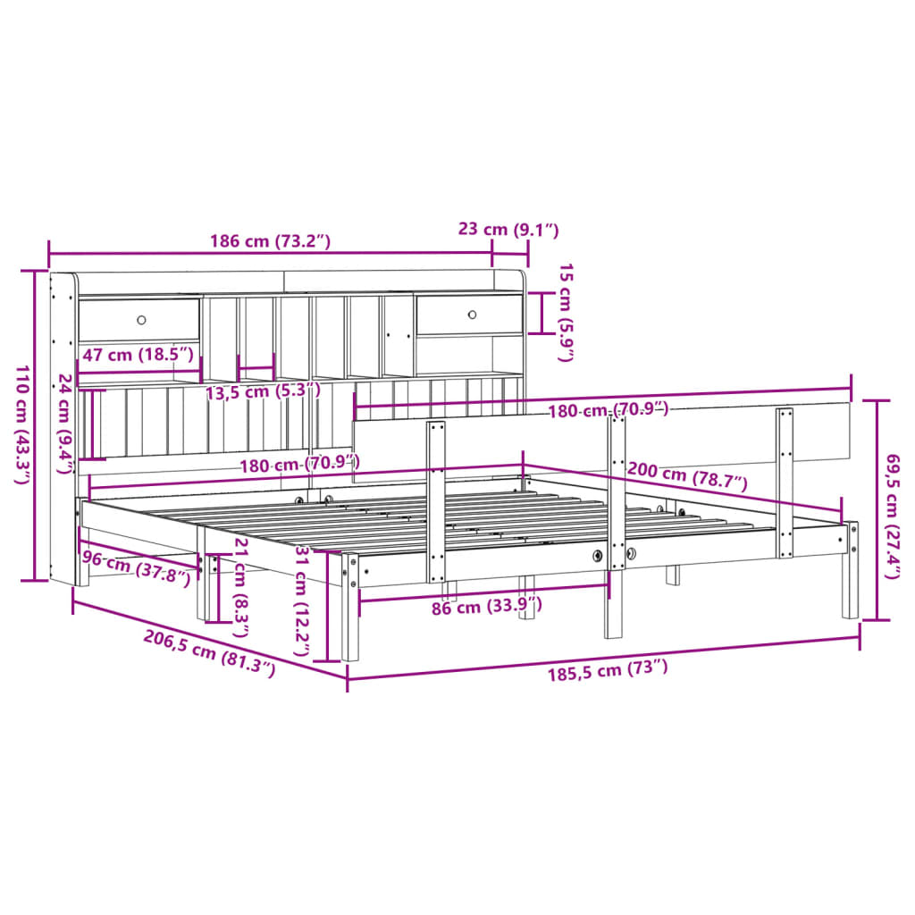 vidaXL Κρεβάτι Βιβλιοθήκη Χωρίς Στρώμα 180x200 εκ Μασίφ Ξύλο Πεύκου