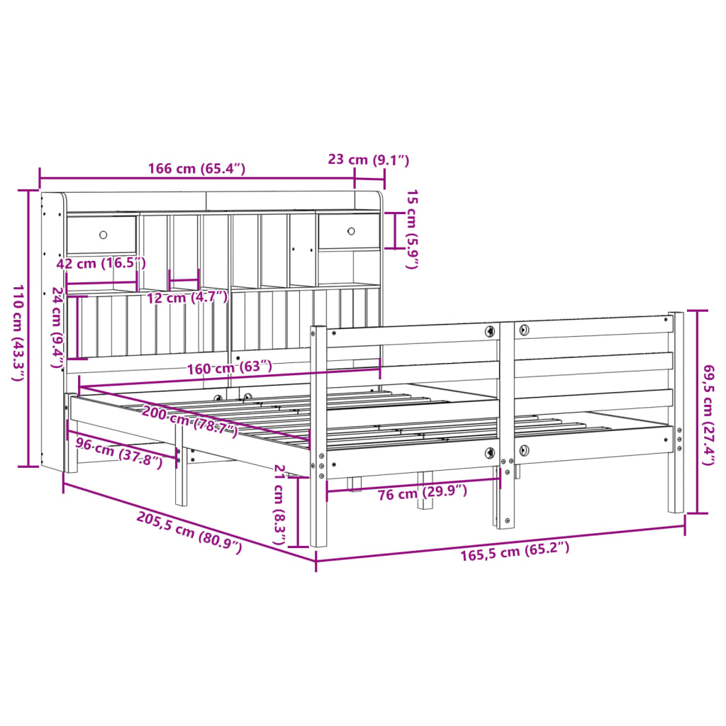 vidaXL Κρεβάτι Βιβλιοθήκη Χωρίς Στρώμα 160x200 εκ Μασίφ Ξύλο Πεύκου