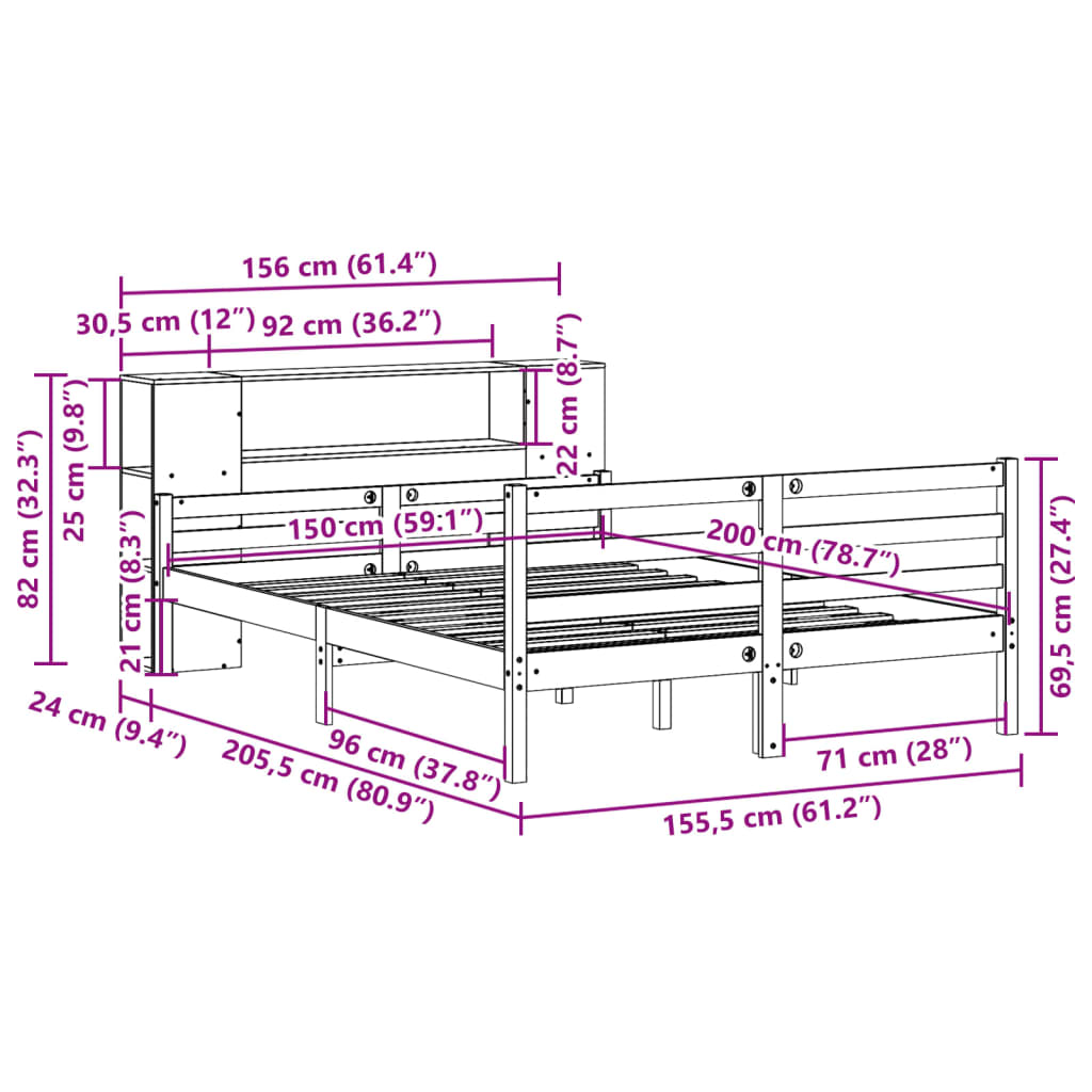 vidaXL Κρεβάτι Βιβλιοθήκη Χωρίς Στρώμα 150x200 εκ Μασίφ Ξύλο Πεύκου