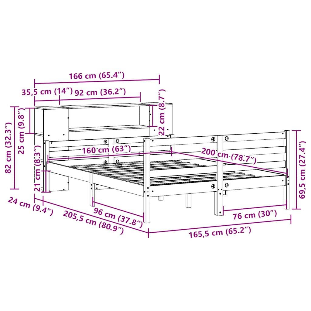 vidaXL Κρεβάτι Βιβλιοθήκη Χωρίς Στρώμα 160x200 εκ Μασίφ Ξύλο Πεύκου