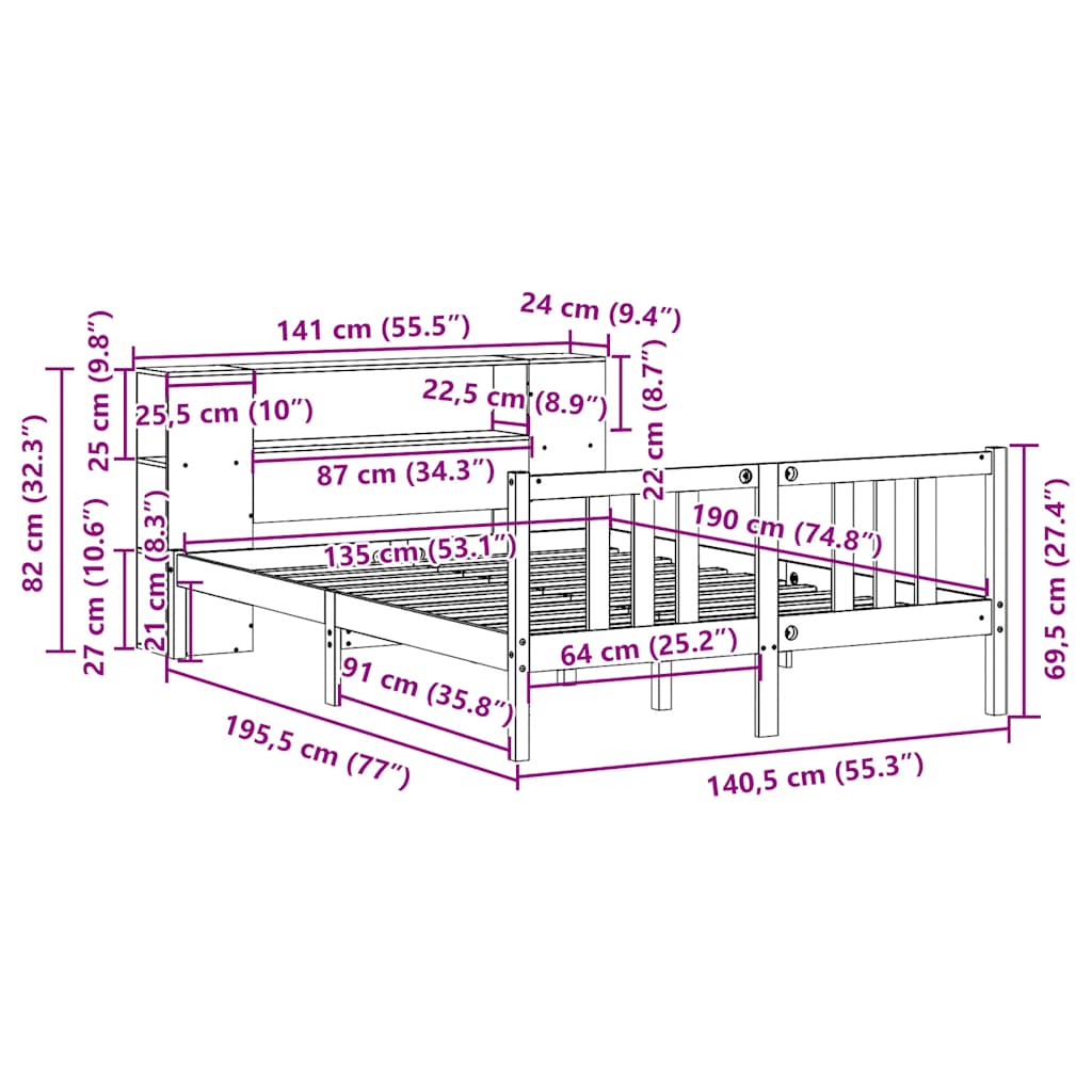 vidaXL Κρεβάτι Βιβλιοθήκη Χωρίς Στρώμα 135x190 εκ Μασίφ Ξύλο Πεύκου
