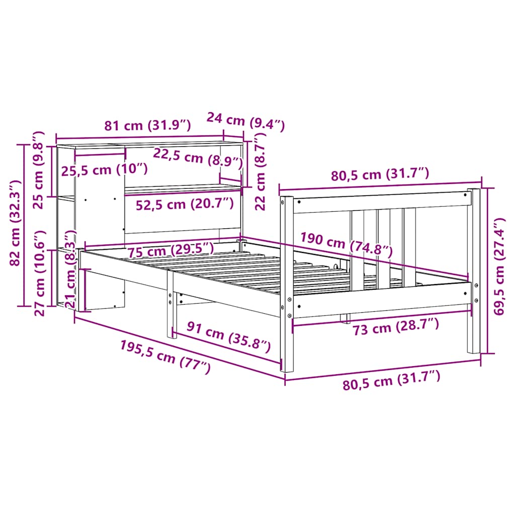 vidaXL Κρεβάτι Βιβλιοθήκη Χωρίς Στρώμα 75x190 εκ Μασίφ Ξύλο Πεύκο