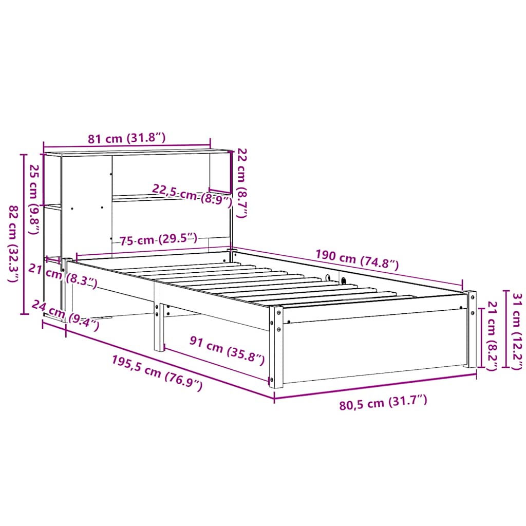 vidaXL Κρεβάτι Βιβλιοθήκη Χωρίς Στρώμα Λευκό 75x190 εκ Μασίφ Πεύκο