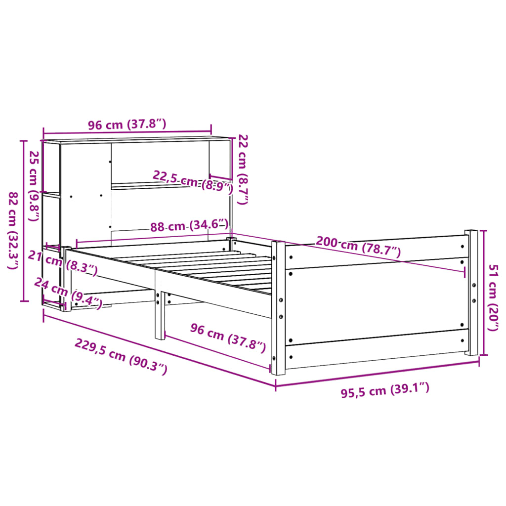 vidaXL Κρεβάτι Βιβλιοθήκη Χωρίς Στρώμα 90x200 εκ Μασίφ Ξύλο Πεύκου