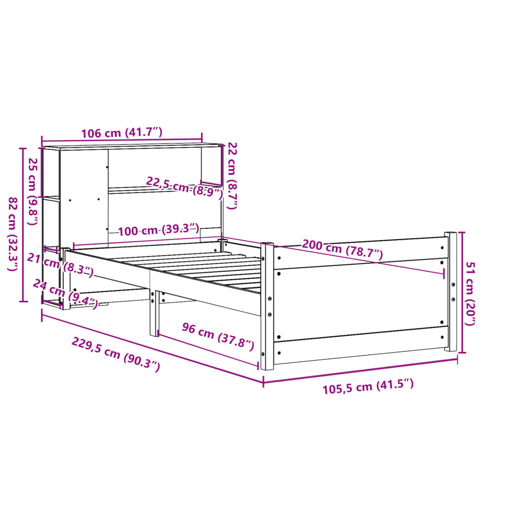 vidaXL Κρεβάτι Βιβλιοθήκη Χωρίς Στρώμα 100x200 εκ Μασίφ Ξύλο Πεύκου