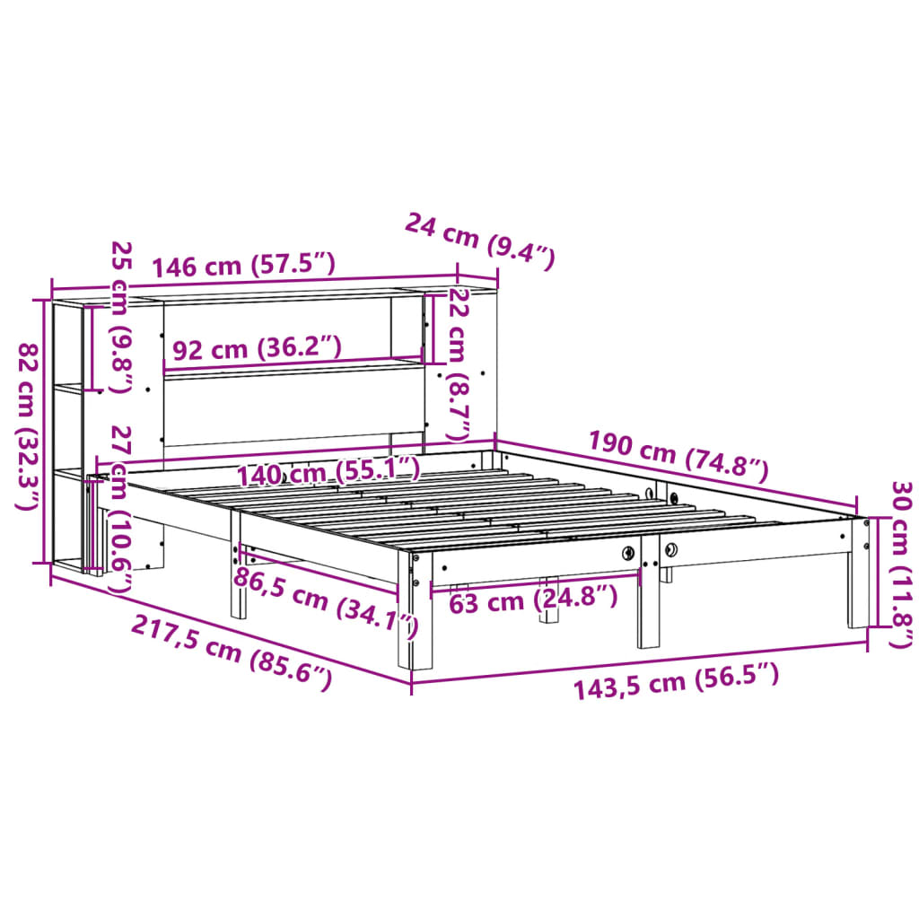 vidaXL Κρεβάτι Βιβλιοθήκη Χωρίς Στρώμα 140x190 εκ Μασίφ Ξύλο Πεύκου