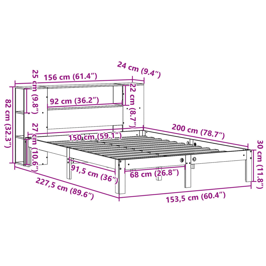 vidaXL Κρεβάτι Βιβλιοθήκη Χωρίς Στρώμα 150x200 εκ Μασίφ Ξύλο Πεύκου
