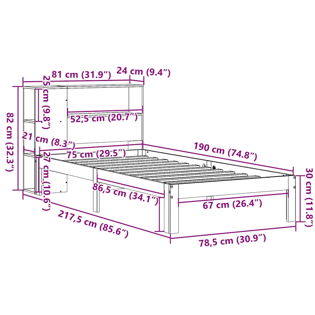 vidaXL Κρεβάτι Βιβλιοθήκη Χωρίς Στρώμα Λευκό 75x190 εκ Μασίφ Πεύκο