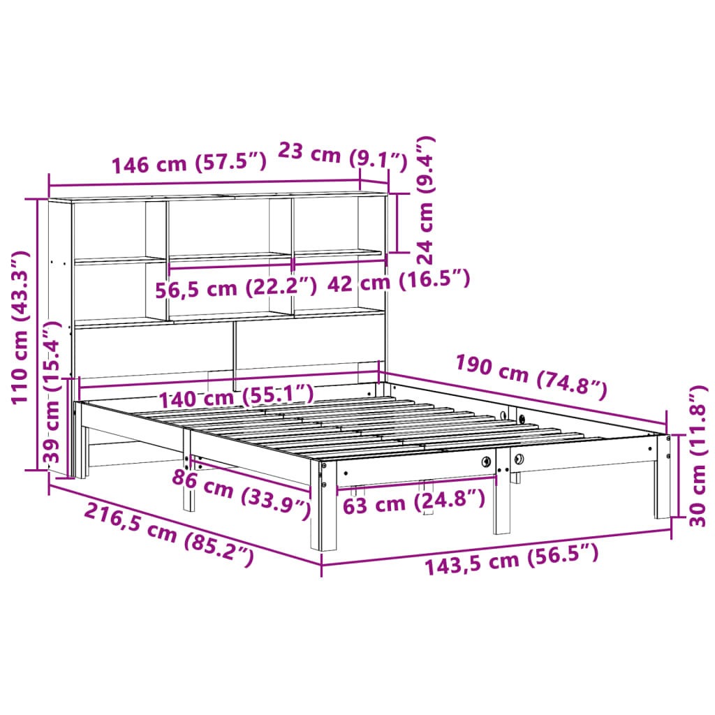 vidaXL Κρεβάτι Βιβλιοθήκη Χωρίς Στρώμα 140x190 εκ Μασίφ Ξύλο Πεύκου