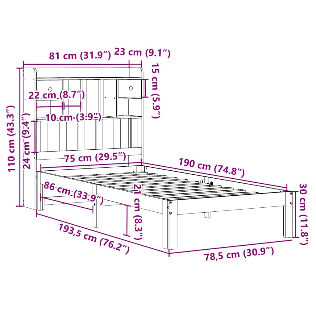 vidaXL Κρεβάτι Βιβλιοθήκη Χωρίς Στρώμα Λευκό 75x190 εκ Μασίφ Πεύκο