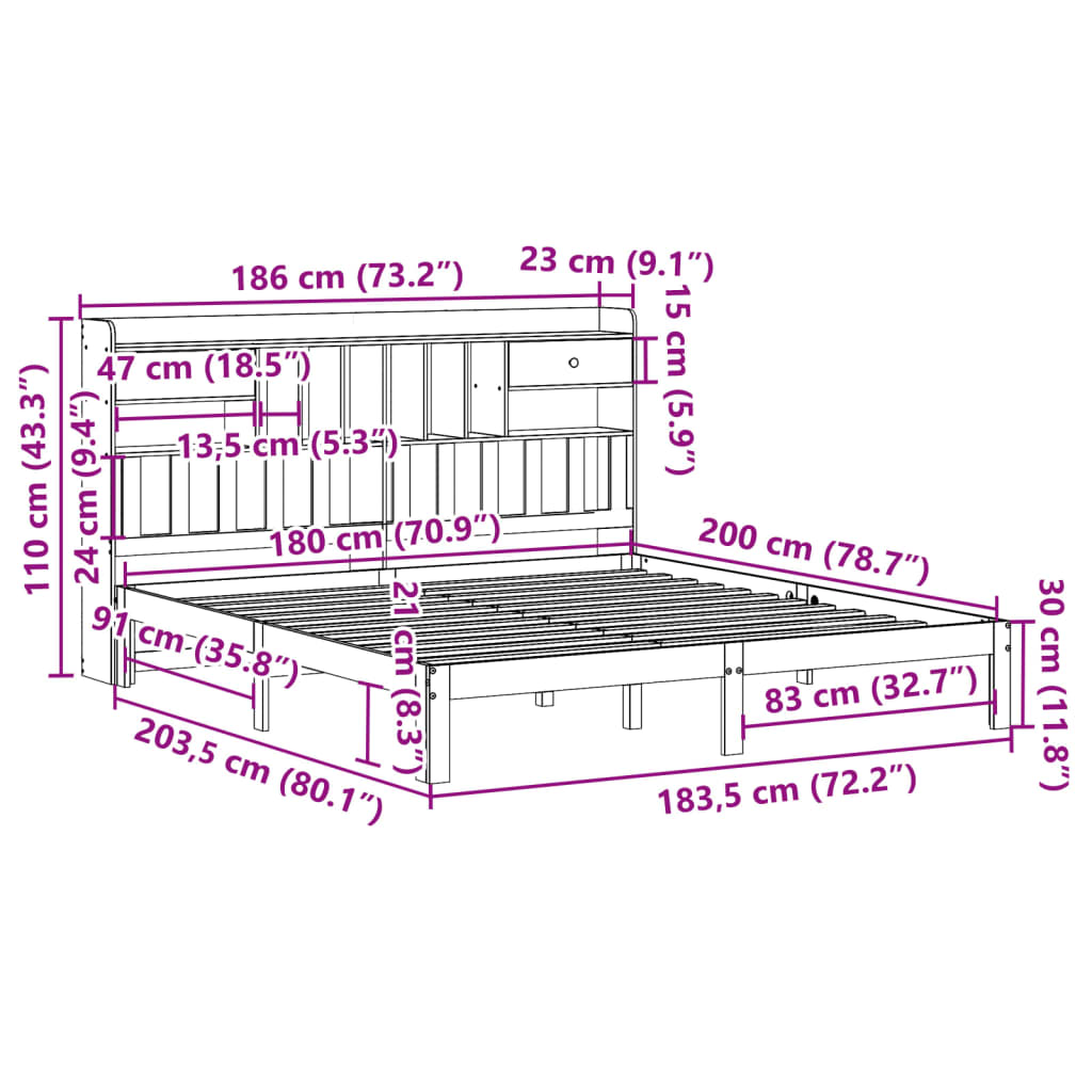 vidaXL Κρεβάτι Βιβλιοθήκη Χωρίς Στρώμα 180x200 εκ Μασίφ Ξύλο Πεύκου