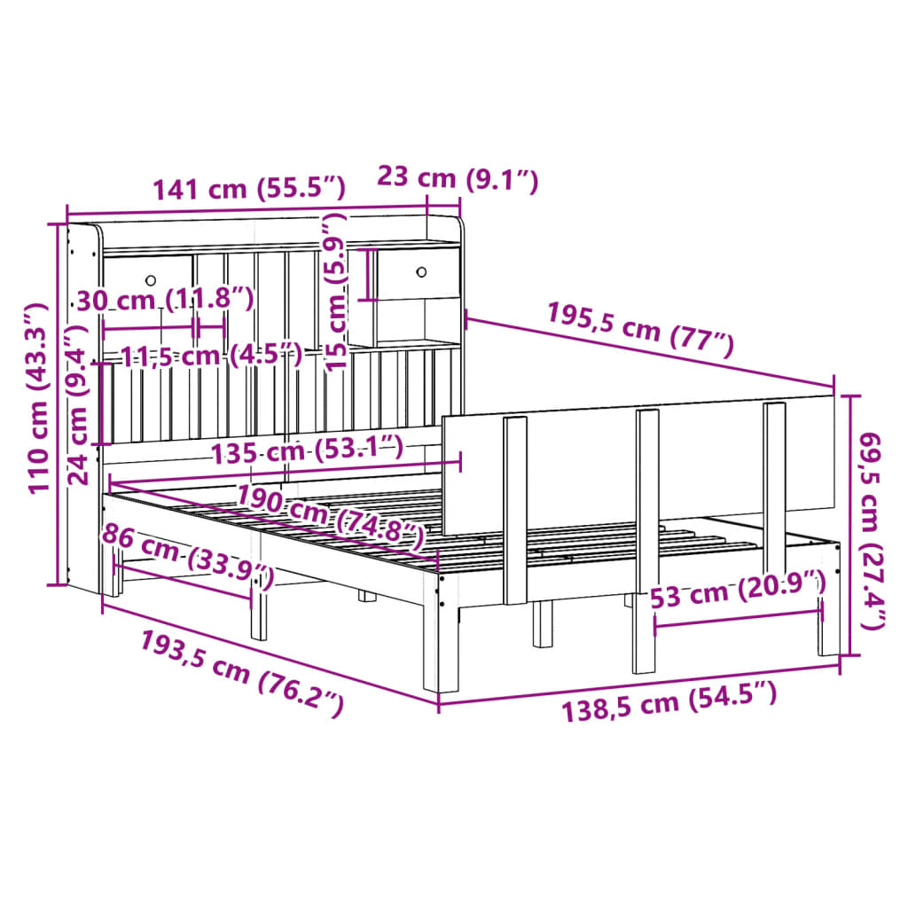 vidaXL Κρεβάτι Βιβλιοθήκη Χωρίς Στρώμα Λευκό 135x190 εκ Μασίφ Πεύκο