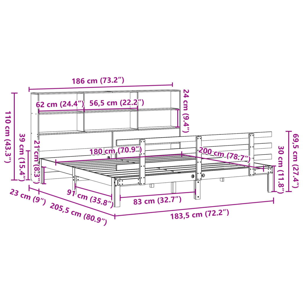 vidaXL Κρεβάτι Βιβλιοθήκη Χωρίς Στρώμα 180x200 εκ Μασίφ Ξύλο Πεύκου